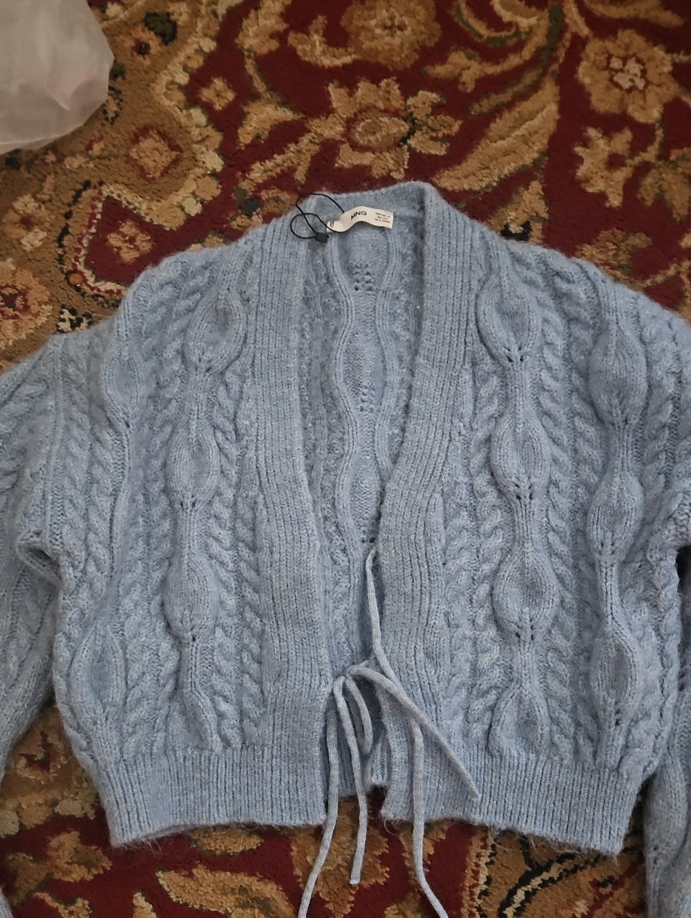 Mango Light Blue Cable-Knit Tie-Front Cardigan
